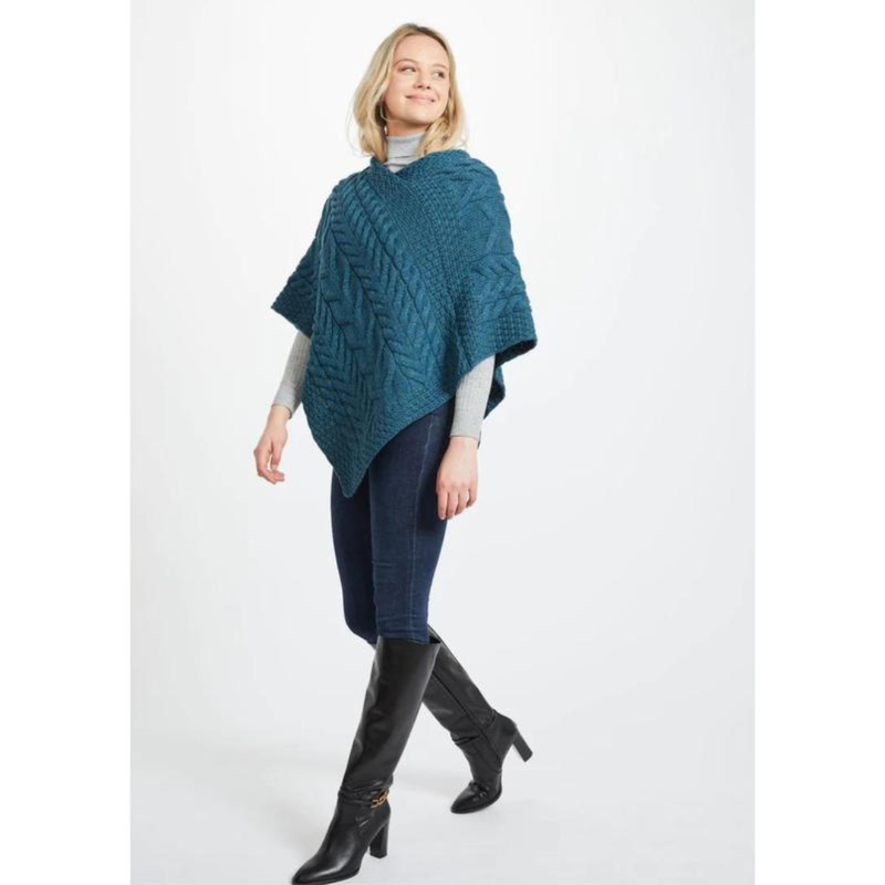 Ladies Aran Cable Knit Triangular Poncho Irish Sea